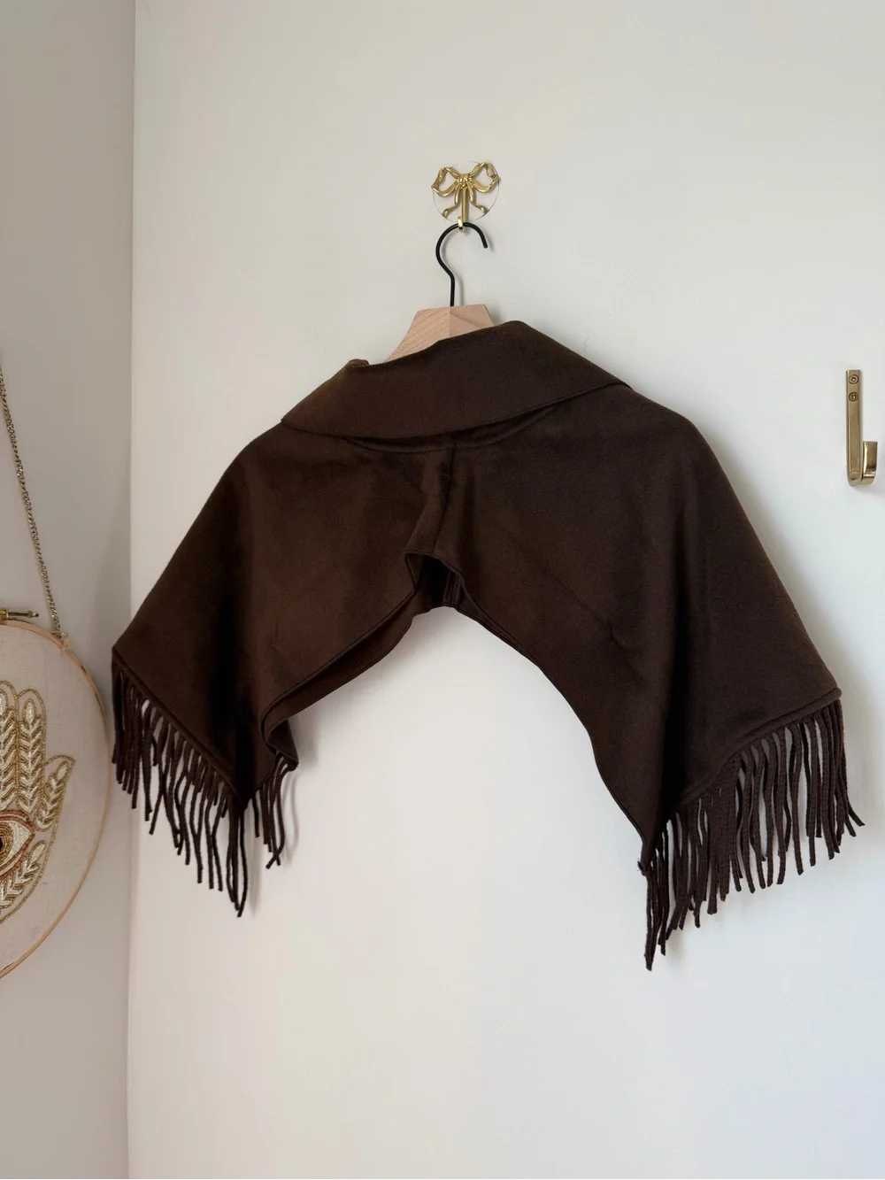 Camila Coelho Dark Brown Fringe Shawl Collar Cape